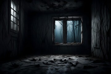 Abstract horror background for halloween. Gloomy scary terrible window with ghostly light and shadows in a dark black room in the attic, corridor or basement in an abandoned house in the forest 3d ren - obrazy, fototapety, plakaty