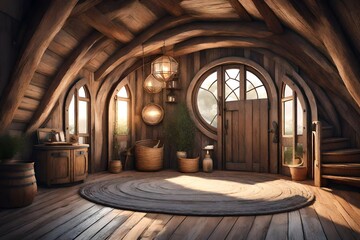 Fantasy tiny storybook style home interior cottage background with rustic accents and a large round cozy door. 3d rendering 3d rendering