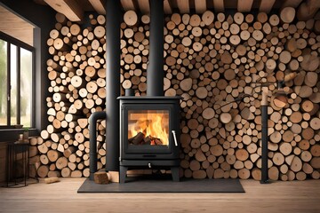 Black metal stove fireplace with wood in a woodpile - the interior of a private village house. Heating and heating of the house with firewood, the heat of the fire from the hearth. 3d rendering  - obrazy, fototapety, plakaty