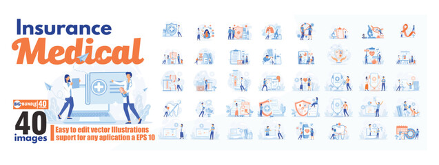 Insurance medical concept illustration, collection of male and female business people scenes in the insurance medical scene. mega set flat vector modern illustration