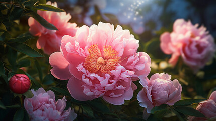 Fototapeta premium Peony Garden Radiance. Radiant peony flowers amidst lush foliage. creating a scene of radiance in a spring garden. Generative ai