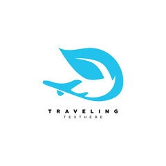 Creative blue nature leaf plane travel logo design. Nature traveling destination trip logo vector
