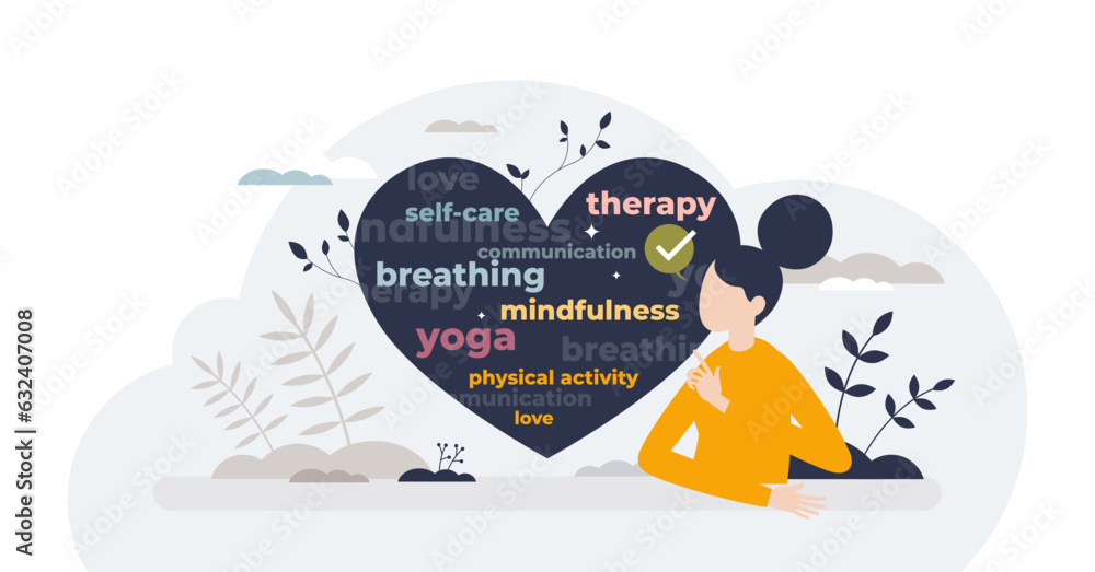 Wall mural Mental health awareness with treatment methods in text tiny person concept, transparent background. Yoga, self care, therapy and mindfulness as prevention.