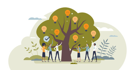 Green innovations in business as tree with creative ideas tiny person concept, transparent background. Environmental company brainstorm.