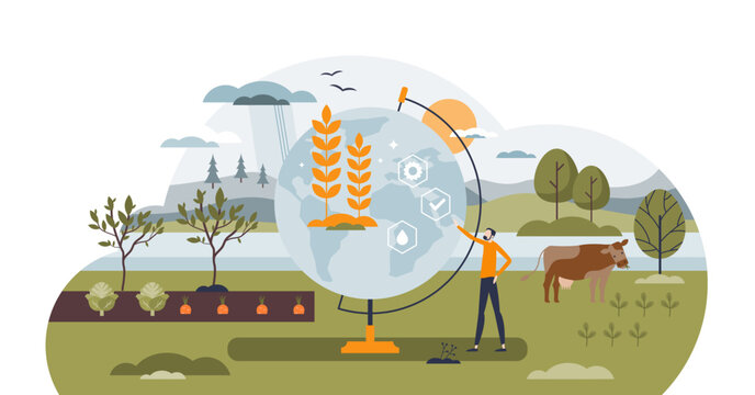 Food security and safety check for healthy grocery eating tiny person concept, transparent background. Meat, grain and vegetable certification to avoid additives, bacteria and hazards illustration.