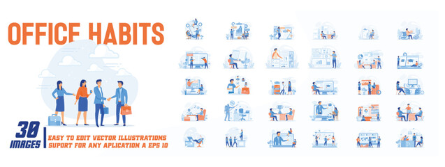 Office habits concept illustration, collection of male and female business people scenes in the office habits scene. mega set flat vector modern illustration