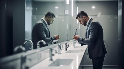 Naklejka na ściany i meble Busy Businessman Washing Hands in Modern Office Restroom, generative AI