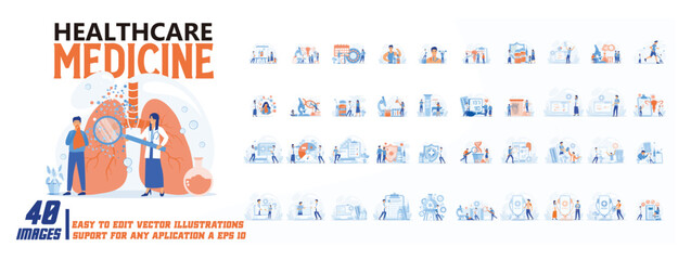Healthcare medicine concept illustration, collection of male and female business people scenes in the healthcare medicine scene. mega set flat vector modern illustration