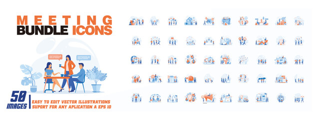 Meeting bundle icons concept illustration, collection of male and female business people scenes in the meeting bundle icons scene. mega set flat vector modern illustration