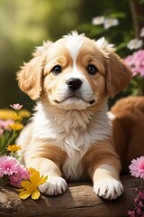 golden retriever puppy with flowers. Generative AI.