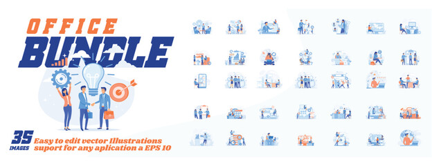 Office bundle concept illustration, collection of male and female business people scenes in the office bundle scene. mega set flat vector modern illustration