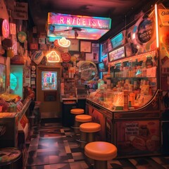 cool retro vintage arcade game room generative art