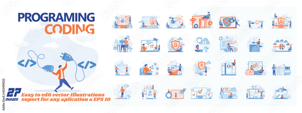 Wall mural programing coding scene illustration. collection of male and female business people scenes in the pr