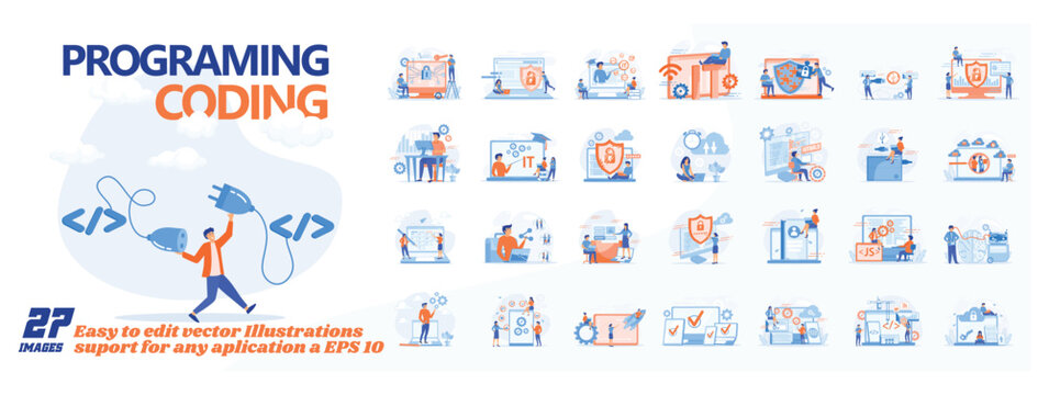 Programing coding scene illustration. collection of male and female business people scenes in the programing coding scene. mega set flat vector modern illustration