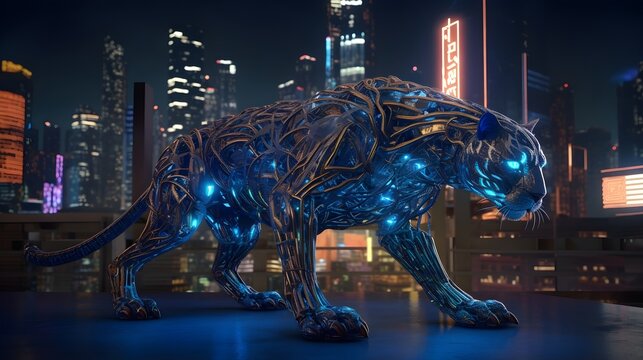 tech futuristic tiger in the city at night generative art