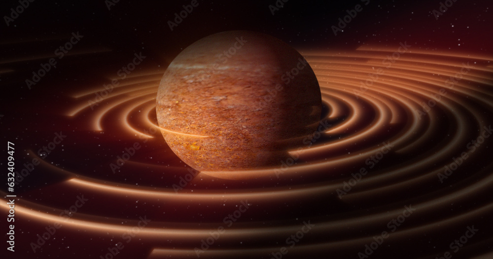 Poster abstract yellow brown space planet with a round asteroid belt ring futuristic hi-tech on the backgro