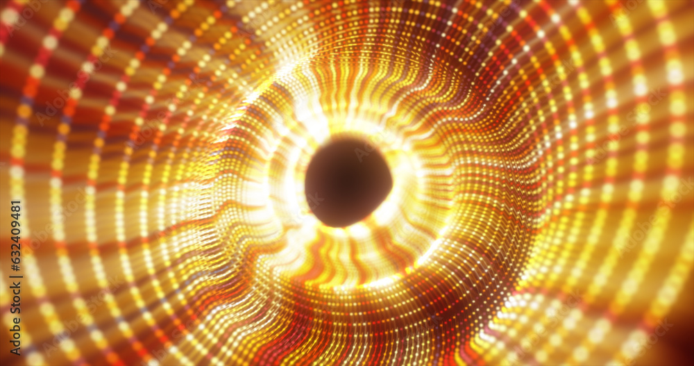 Poster abstract yellow energy tunnel made of particles and a grid of high-tech lines with a glowing backgro