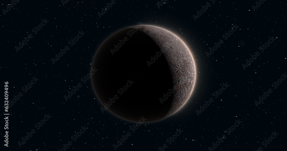 Poster abstract realistic space planet round sphere with a stone relief surface in space against the backgr