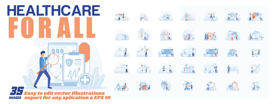 Healthcare for all concept illustration, collection of male and female business people scenes in the healthcare for all scene. mega set flat vector modern illustration