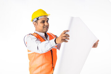 engineer looking paper sheet and on white background.