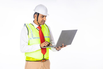 Technology Concept, Engineer using laptop on white background.