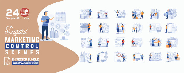 Digital marketing control scenes concept illustration, collection of male and female business people scenes in the digital marketing control scenes. mega set flat vector modern illustration