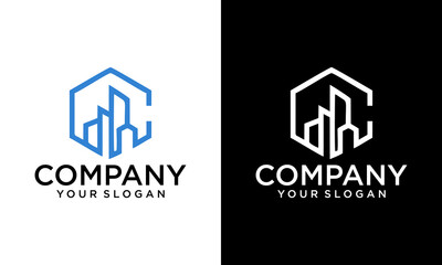 Hexagonal letter C shaped and incorporated into buildings. Suitable for real estate or housing.