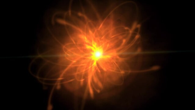 Particle physics atomic structure simulation with glowing nucleus.