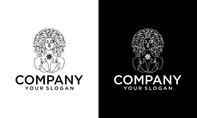 Curly hair emblem template. Hair salon or beauty salon logo design template. Abstract woman face in one color. Stock vector illustration.