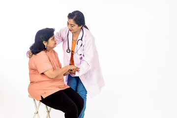 indian female doctor checking patient on white background.