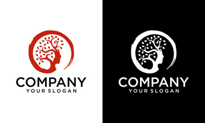 green spring tree with female face and roots on white background, vector, Abstract Human tree logo. Unique Tree Vector illustration with circle and abstract woman shape.