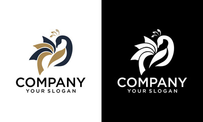 Peacock logo illustration with linear luxury style, simple minimalist peacock logo template, gold line peacock mascot logo