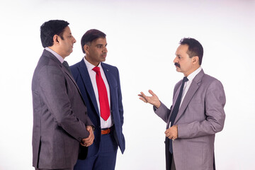 Indian businesspeople group discussing on white background.