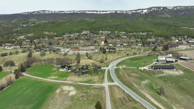 Small countryside village of Lesja in Innlandet Norway - Aerial