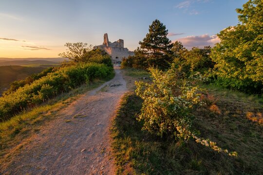 Ruins of medieval castle Cachtice, home of Bathory family, walking trail, Slovakia