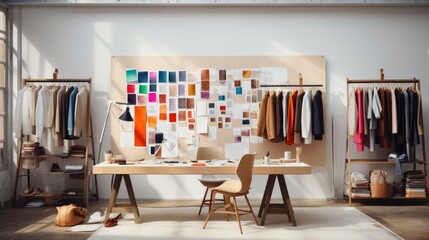Fashion designer studio a personal computer working clothes hanging sewing machine and various sewing machines related on colorful fabric standing mannequin table, Fashion designer working studio