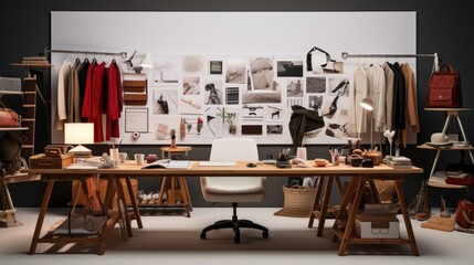 Fashion designer studio a personal computer working clothes hanging sewing machine and various sewing machines related on colorful fabric standing mannequin table, Fashion designer working studio