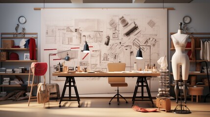 Fashion designer studio a personal computer working clothes hanging sewing machine and various sewing machines related on colorful fabric standing mannequin table, Fashion designer working studio