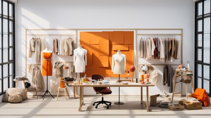 Fashion designer studio a personal computer working clothes hanging sewing machine and various sewing machines related on colorful fabric standing mannequin table, Fashion designer working studio