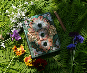 Still life with beautiful magic book of spells and flowers against green leaves. Occult, esoteric...