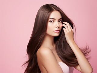 Long hair woman hand touching hair smooth brunette hairstyle model isolated pink background, Product model advestising, Generative AI