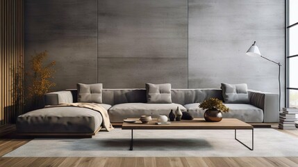 Living room interior with gray fabric corner sofa