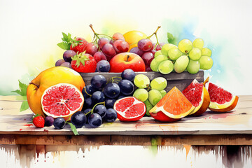 Watercolor Food: Assortment of Fresh Fruit on Wooden Table. Generative AI