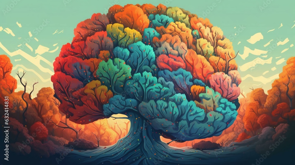 Poster abstract human brain made in the form of leaves and natural trees and plants. the concept of the uni