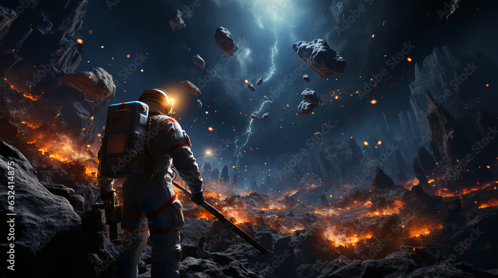Poster man astronaut in a space suit on the surface of an asteroid planet in outer space. ai generated