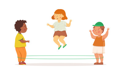 Cute girl jumping over a rubber band. Cute little boys play with girl. Multiculturalism and diversity. Vector illustration. Summer activities. Children playing outside. Funny character. Isolated on a