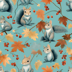 seamless pattern with leaves and owl,rabbit,cat,fox,funy,Ai generated