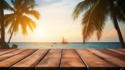 wooden table stage background and coconut tree and sea blur