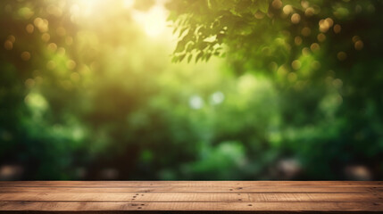 Naklejka na ściany i meble wooden table stage background and nature green blur bokeh