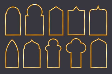 Ramadan window frame shapes. Islamic golden arches. Muslim mosque elements of architecture with ornament. Turkish gates and doors set. Vector